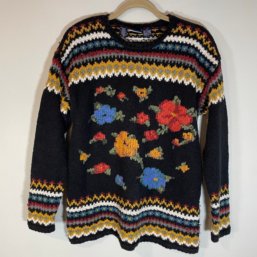 VTG Lizsport Black Floral Chunky Cotton Sweater Womens M Cottagecore 90s Grandma